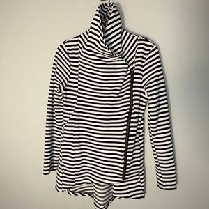 My Beloved Women’s Striped Waterfall Jacket Cardigan – Black White Asymmetrical
